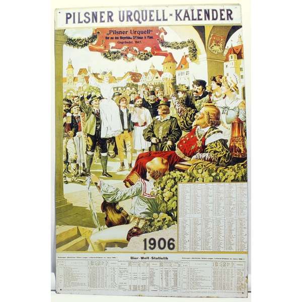 PLECHOVÁ REKLAMNÍ CEDULE PILSNER URQUEL KALENDER 1906 38x59cm